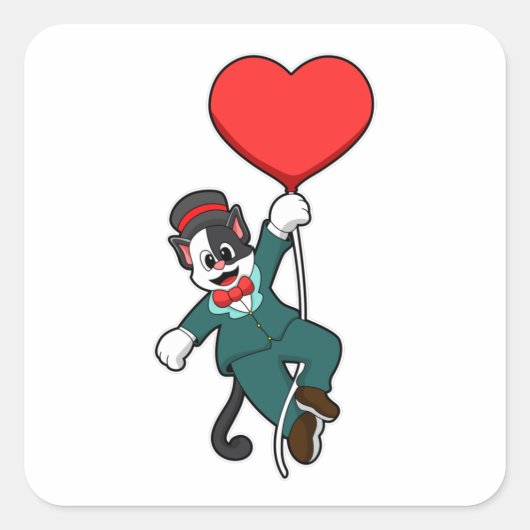 Kat als bruidegom met hartballon vierkante sticker (Voorkant)