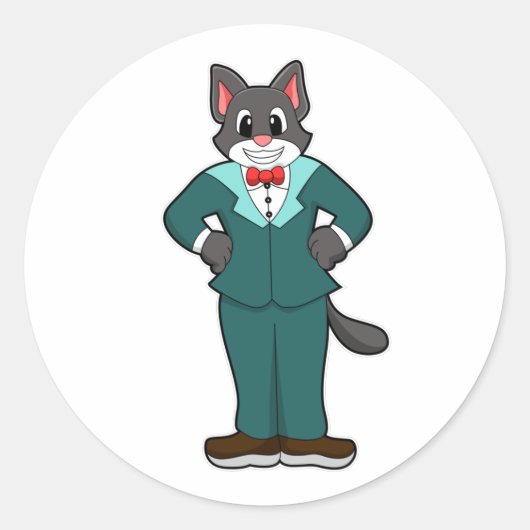 Kat als bruidegom met pak en lint ronde sticker (Voorkant)