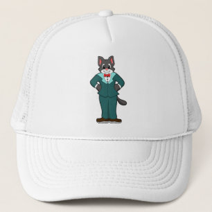 Kat als bruidegom met pak en lint trucker pet