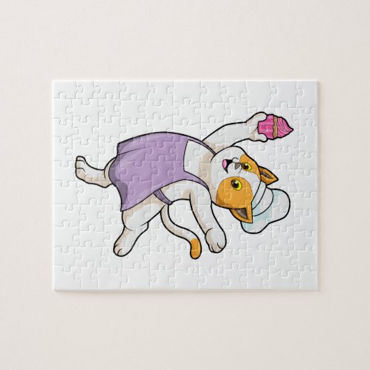 Kat als Cook met kookplatform en muffin Legpuzzel (Horizontaal)
