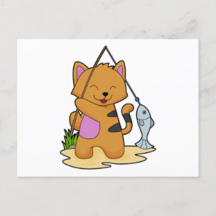 Kat als Fisher met Geviste staaf en vis Briefkaart