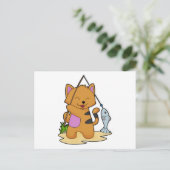 Kat als Fisher met Geviste staaf en vis Briefkaart (Staand voorkant)