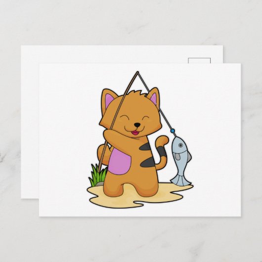 Kat als Fisher met Geviste staaf en vis Briefkaart (Voorkant / Achterkant)