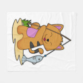 Kat als Fisher met Geviste staaf en vis Fleece Deken (Voorkant (Horizontaal))