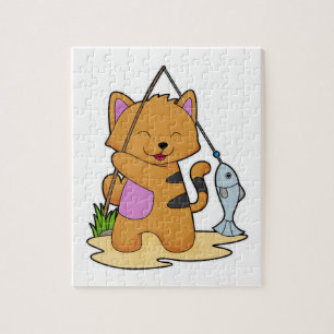 Kat als Fisher met Geviste staaf en vis Legpuzzel