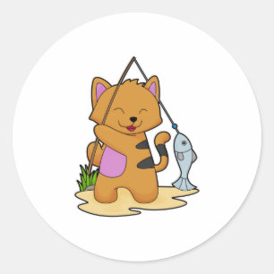 Kat als Fisher met Geviste staaf en vis Ronde Sticker