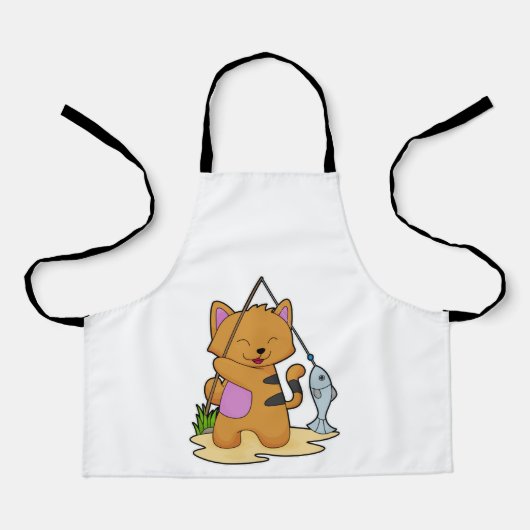 Kat als Fisher met Geviste staaf en vis Schort (Voorkant)