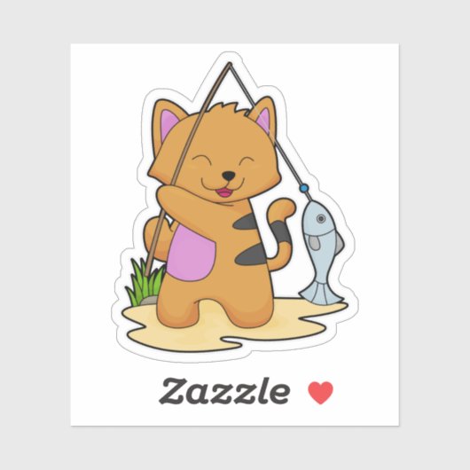 Kat als Fisher met Geviste staaf en vis Sticker (Vel)