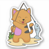 Kat als Fisher met Geviste staaf en vis Sticker (Voorkant)