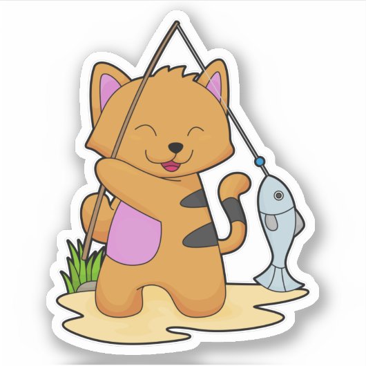 Kat als Fisher met Geviste staaf en vis Sticker (Voorkant)