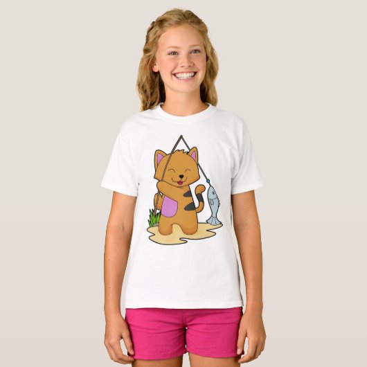 Kat als Fisher met Geviste staaf en vis T-shirt (Voorkant volledig)
