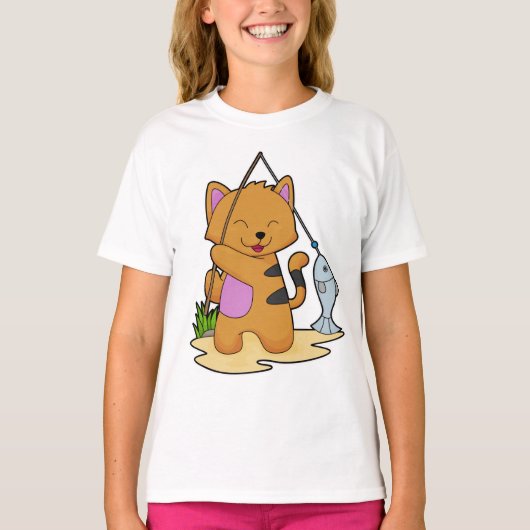 Kat als Fisher met Geviste staaf en vis T-shirt (Voorkant)
