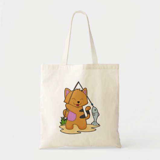 Kat als Fisher met Geviste staaf en vis Tote Bag (Voorkant)