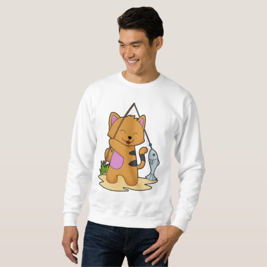 Kat als Fisher met Geviste staaf en vis Trui (Voorkant volledig)