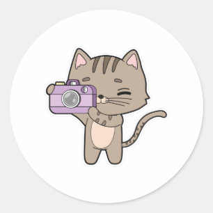 Kat als fotograaf met camera ronde sticker