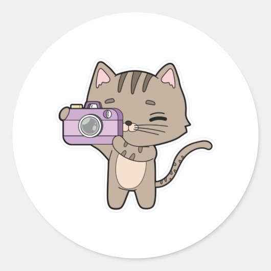 Kat als fotograaf met camera ronde sticker (Voorkant)