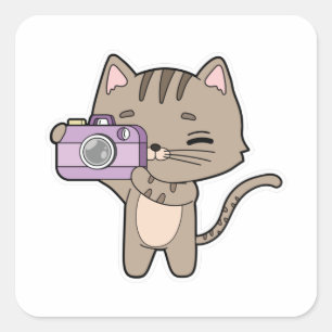 Kat als fotograaf met camera vierkante sticker