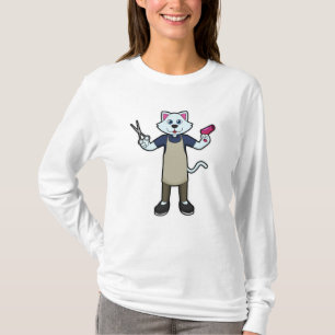 Kat als hairdresser met schaar- en haardroger t-shirt