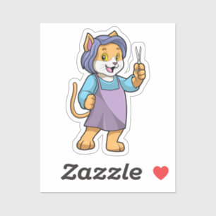 Kat als hairdresser met schaar sticker