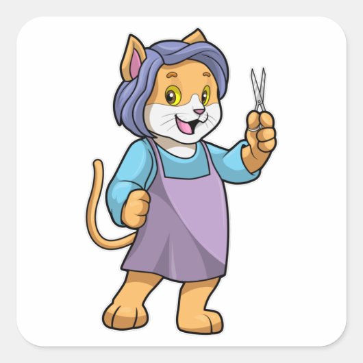 Kat als hairdresser met schaar vierkante sticker (Voorkant)