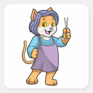 Kat als hairdresser met schaar vierkante sticker