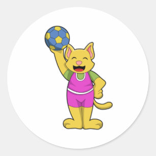 Kat als handballspeler met handbal ronde sticker