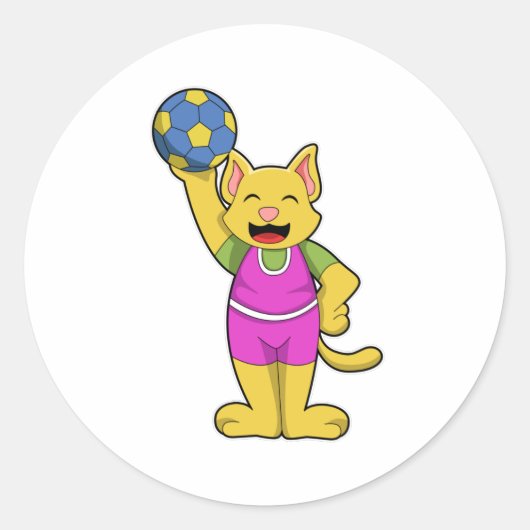 Kat als handballspeler met handbal ronde sticker (Voorkant)