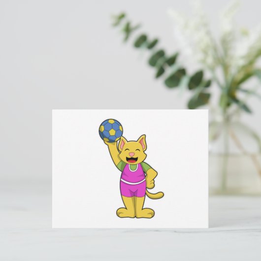 Kat als handbalspeler met handbal briefkaart (Staand voorkant)