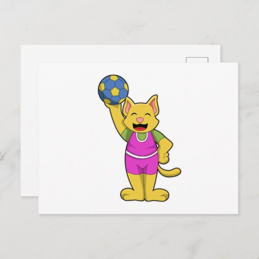 Kat als handbalspeler met handbal briefkaart (Voorkant / Achterkant)