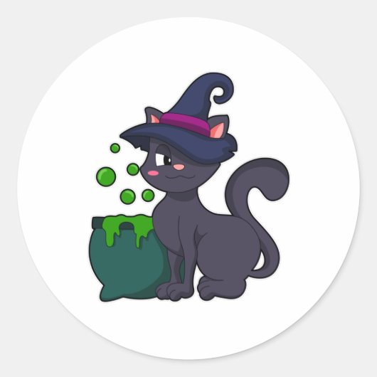 Kat als heks met Cauldron Ronde Sticker (Voorkant)