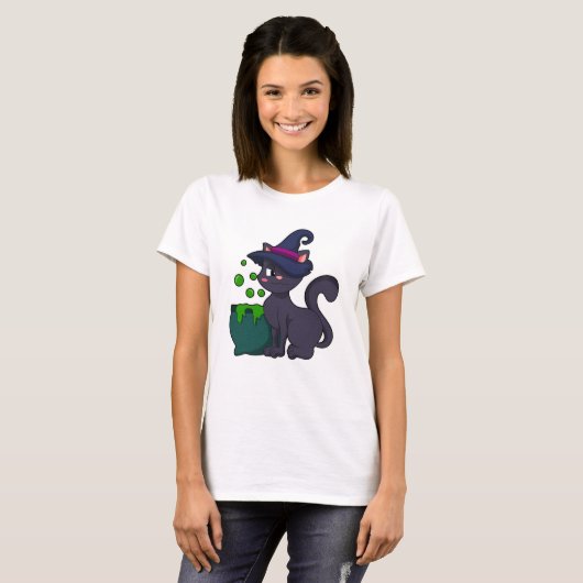Kat als heks met Cauldron T-shirt (Voorkant volledig)