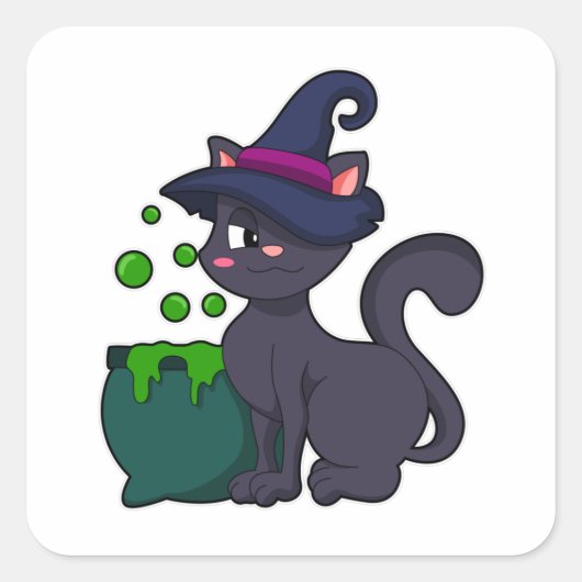 Kat als heks met Cauldron Vierkante Sticker (Voorkant)