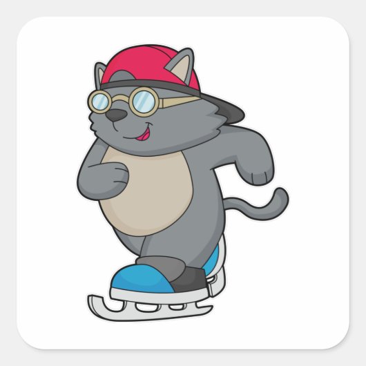 Kat als ijsschaatser met ijs-schaatsen vierkante sticker (Voorkant)
