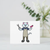Kat als kapper met schaar en föhn briefkaart (Staand voorkant)