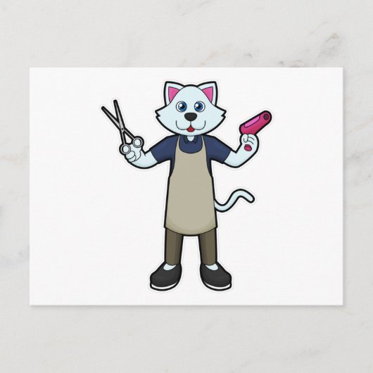 Kat als kapper met schaar en föhn briefkaart (Voorkant)
