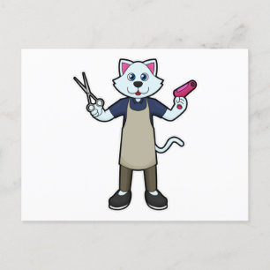 Kat als kapper met schaar & föhn briefkaart
