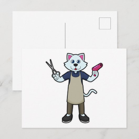Kat als kapper met schaar & föhn briefkaart (Voorkant / Achterkant)
