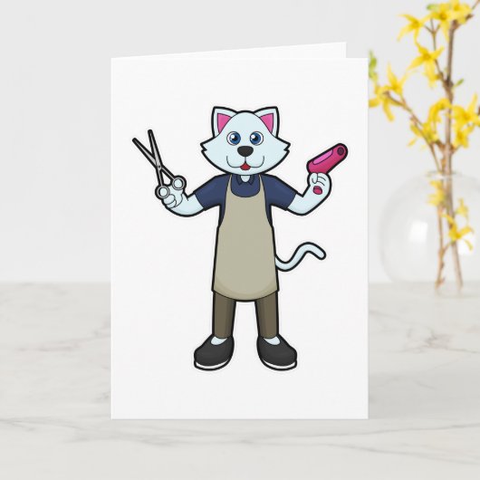 Kat als kapper met schaar & föhn kaart (Gele Bloem)