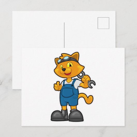 Kat als Mechanicien met sleutel Briefkaart (Voorkant / Achterkant)