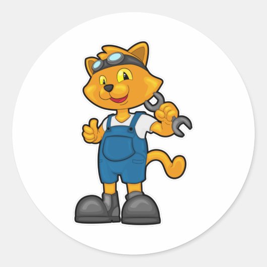 Kat als Mechanisch met Spanner Ronde Sticker (Voorkant)