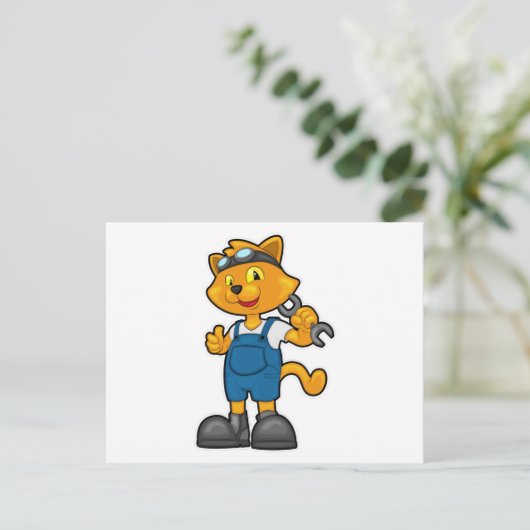 Kat als monteur met sleutel briefkaart (Staand voorkant)