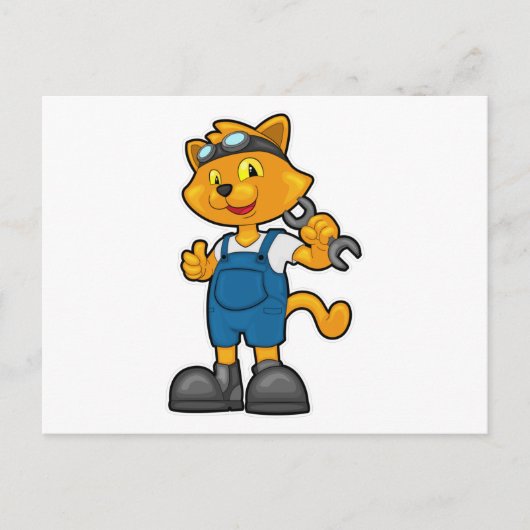 Kat als monteur met sleutel briefkaart (Voorkant)