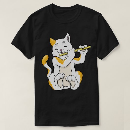 Kat als muzikant met flute t-shirt (Design voorkant)