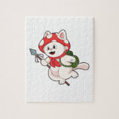 Kat als paddenstoelenplukker met paddenstoel legpuzzel (Verticaal)