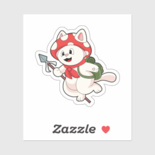 Kat als paddenstoelenplukker met paddenstoel sticker