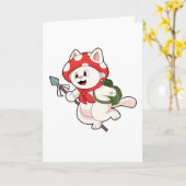 Kat als paddestoelenplukker met paddestoel kaart (Gele Bloem)