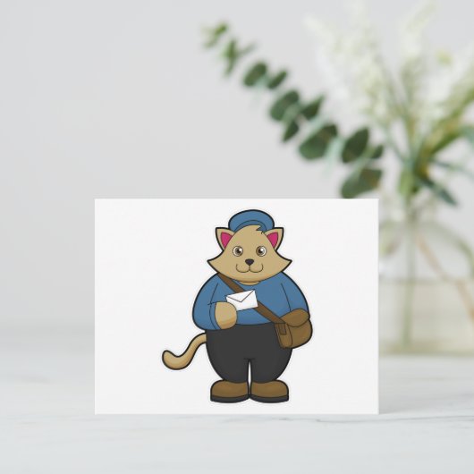Kat als postbode met envelop en tas briefkaart (Staand voorkant)