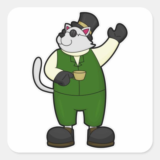 Kat als room met koffie en Pet Vierkante Sticker (Voorkant)