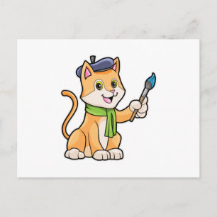 Kat als schilder met kwast & sjaal briefkaart
