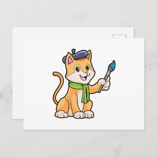 Kat als schilder met penseel en karf briefkaart (Voorkant / Achterkant)